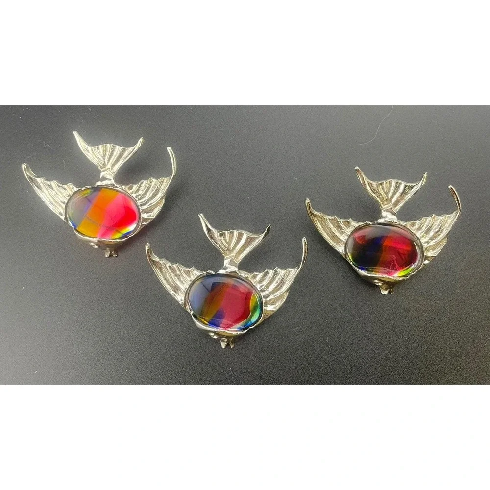 Lot of 9 Silver Tone‎ Fish Brooch Components Rainbow Art Glass Designer Ready