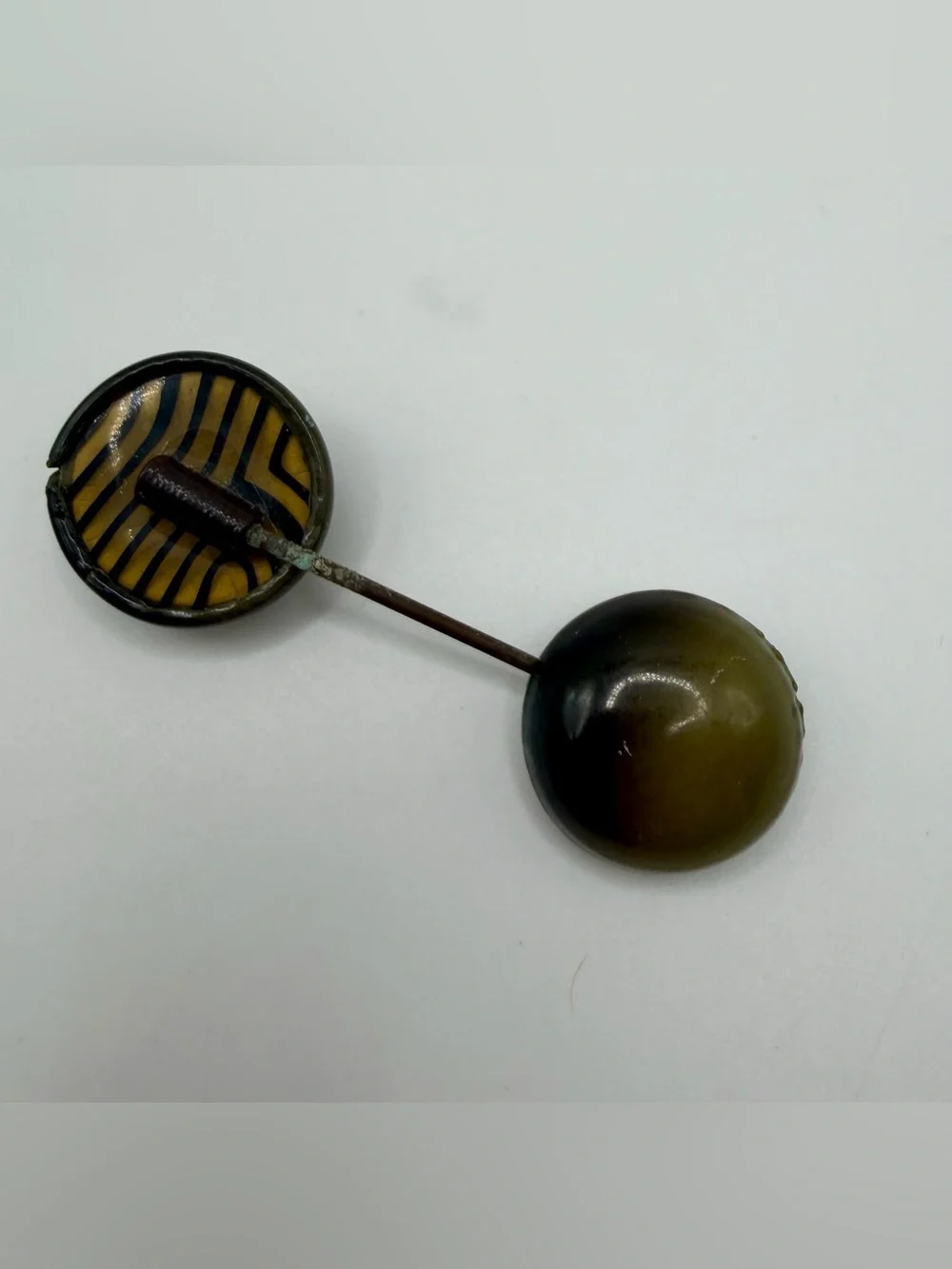 Jabot Vtg Art Deco Celluloid Hat Pin Green Dome Stripe Yellow Round Stick Brooch
