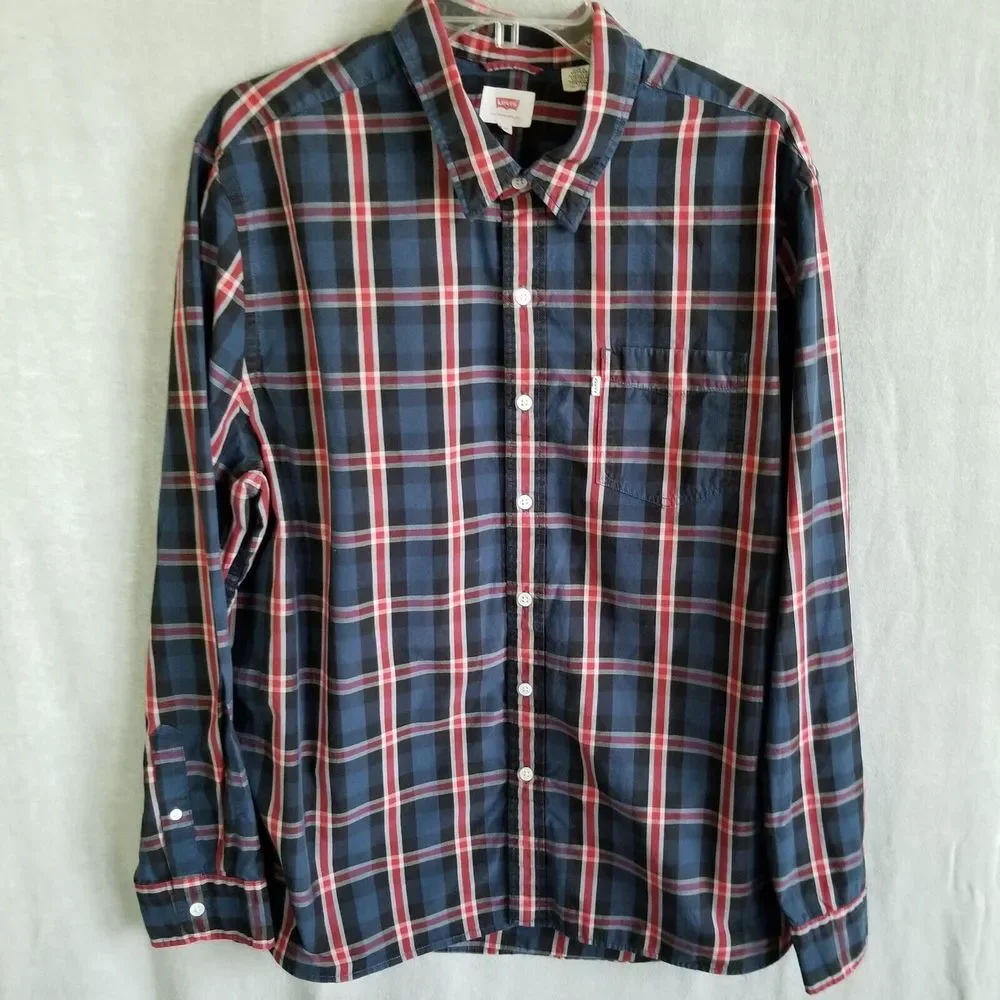 Levi's Men's Button Up Shirt 2XL Red Plaid Modern Fit Pocket Long Sleeve Check‎