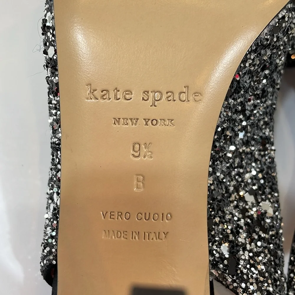 Kate Spade Glitter New York Heels Sandal Size 9.5 Black Silver Bow EUC