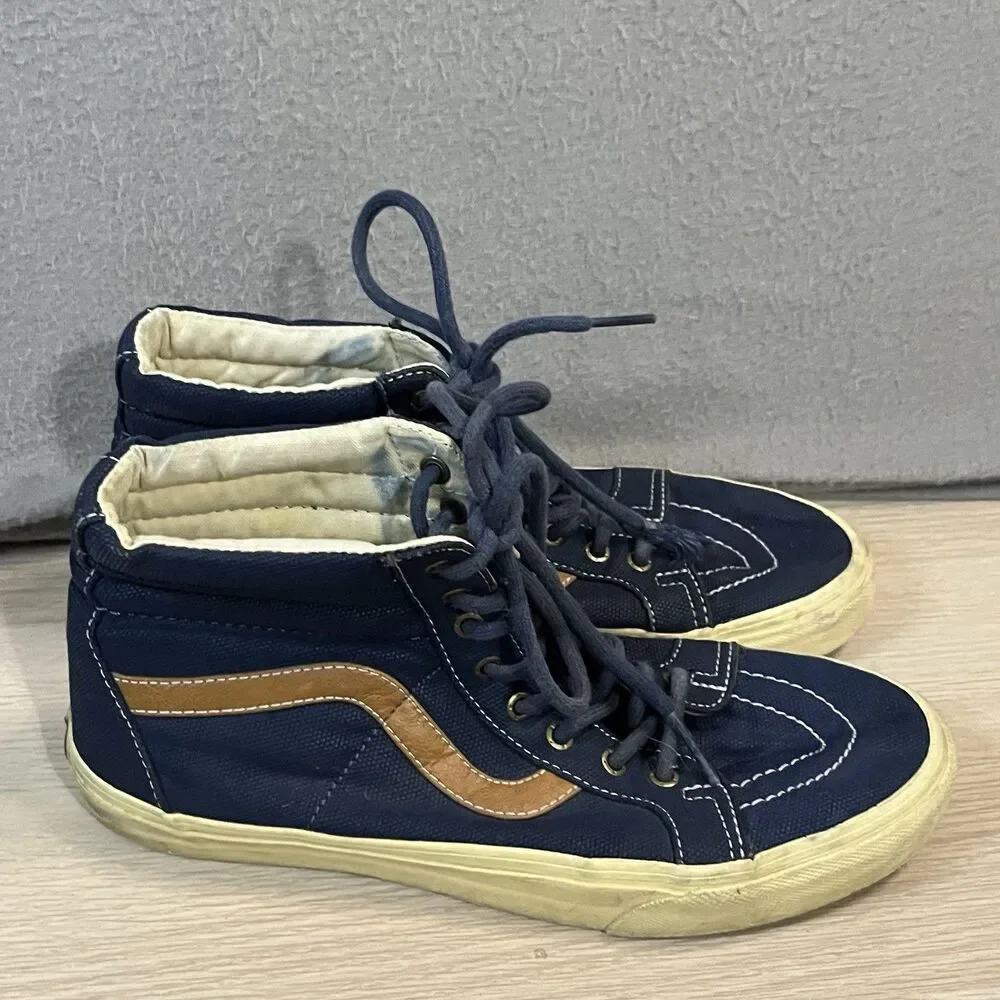 Vans SK8-Hi Navy Blue High Top Sneakers Tan Leather Stripe Skate Shoes Mens 8.5