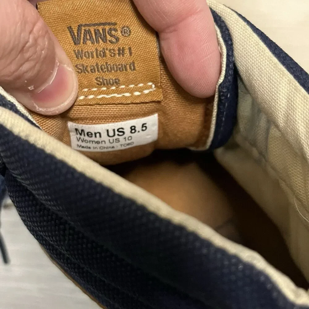 Vans SK8-Hi Navy Blue High Top Sneakers Tan Leather Stripe Skate Shoes Mens 8.5