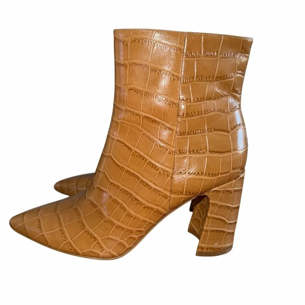 Marc Fisher Daith Croc Embossed Leather Ankle Boot Cognac Brown Block Heel 8.5M