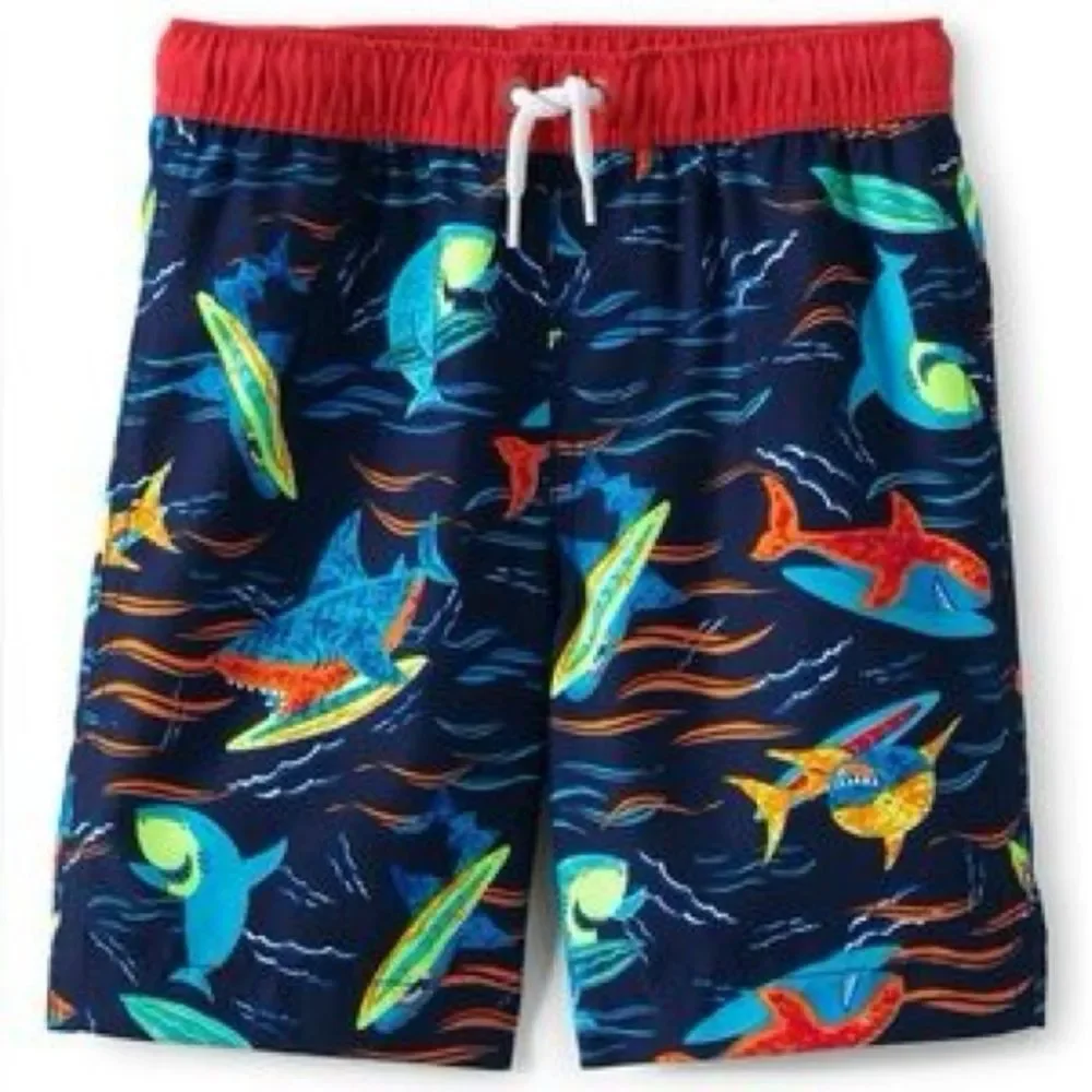 Lands’ End Boys Kids Shark Print Pull-On Lined Swim Trunks Board Shorts. Large.