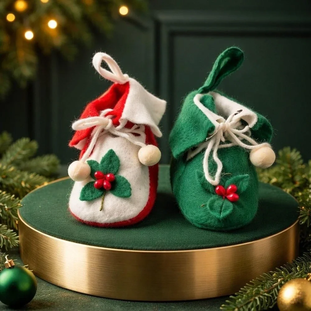 Vintage Felt Christmas Ornaments Shoes Green And‎ Red Retro Holiday Decor