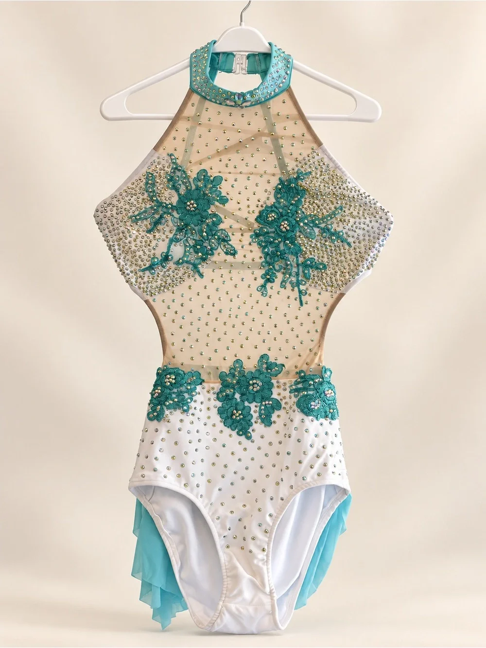 Turquoise and White Floral Embellished Kids Dance Costume