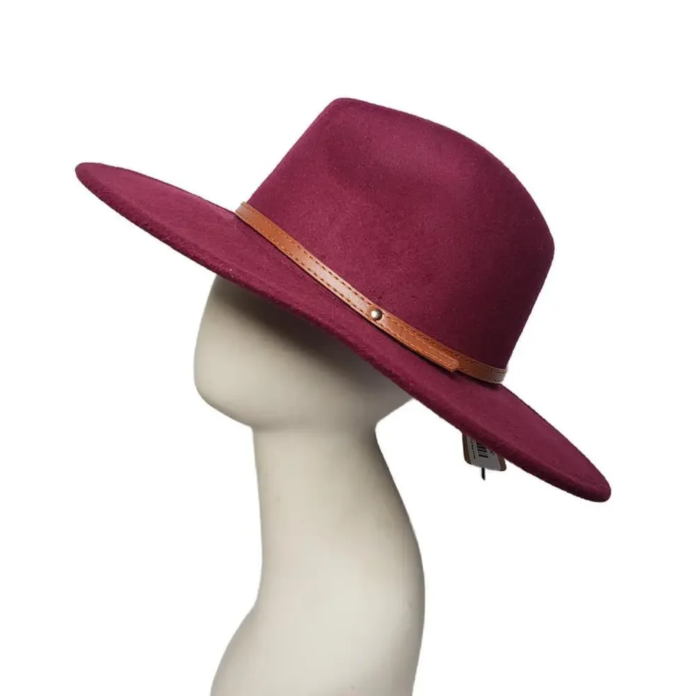 NWT Women's Wine Wide Brim Felt Fedora Hat Faux Leather Detail