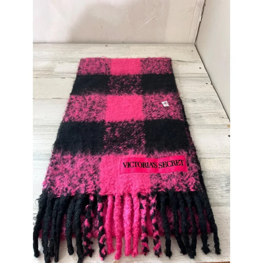 Victoria’s Secret woman’s pink black plaid rectangular scarf with fringe