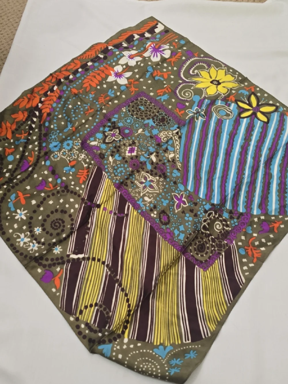 Boho Floral Patchwork Scarf‎ in Olive Green