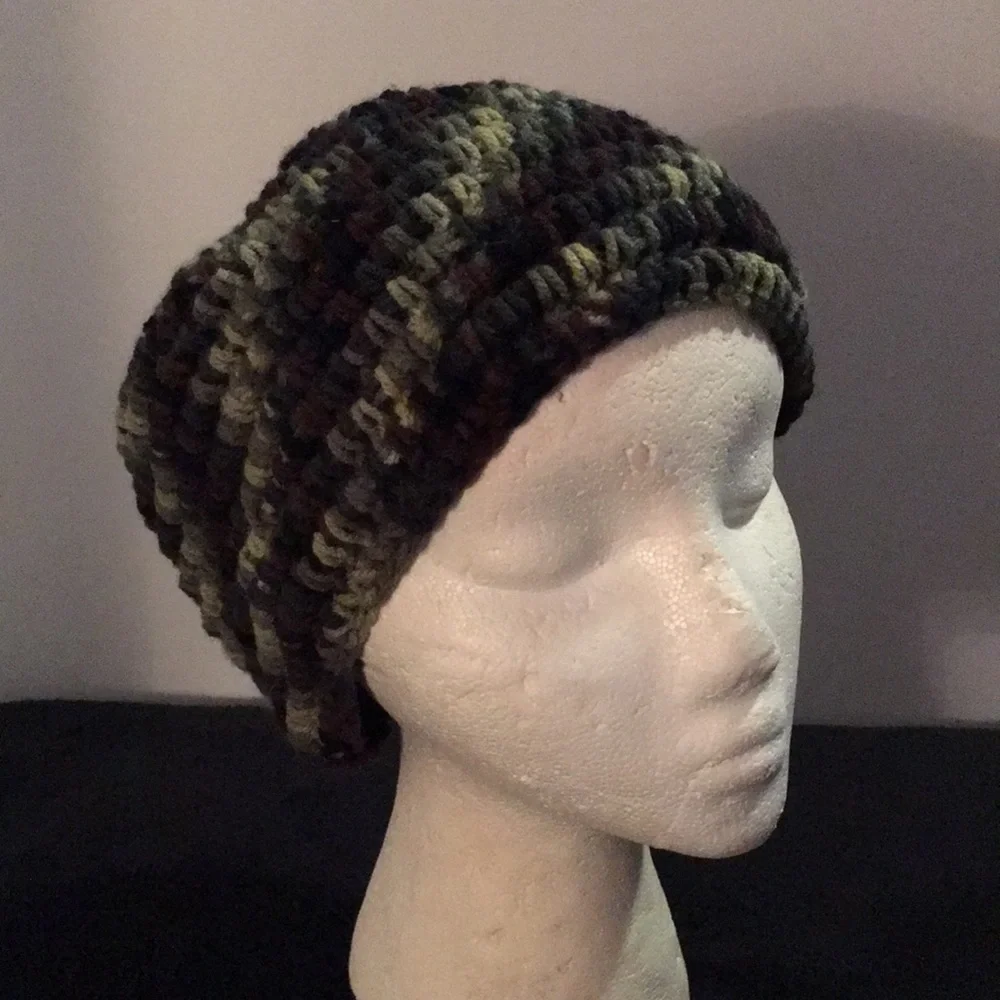 Crocheted camouflage look beanie dark green light green brown.