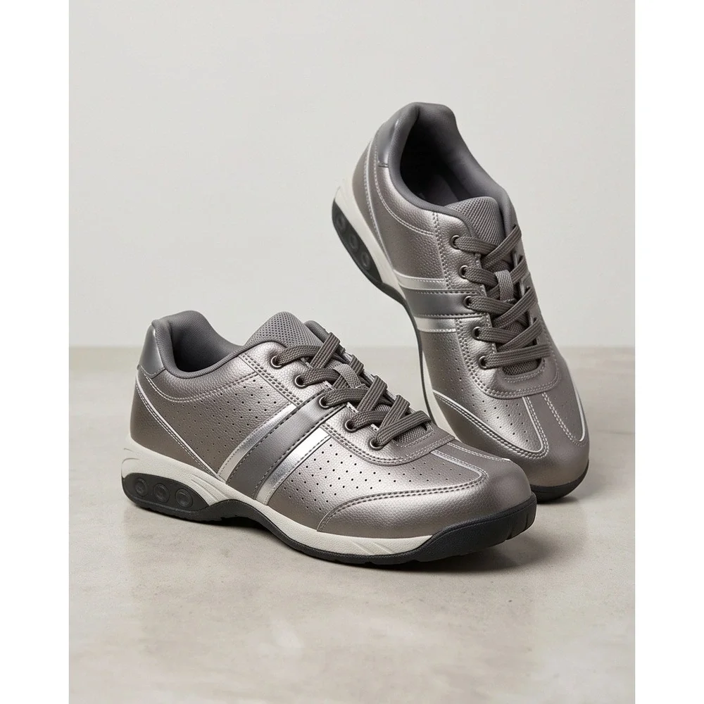Therafit‎ Womens 7 Pewter Leather Walking Shoes C403121C Metallic Sneakers