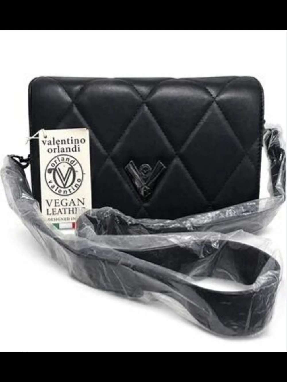 Orlandi Valentino Black Quilted Vegan Leather Crossbody Bag NWT Gunmetal