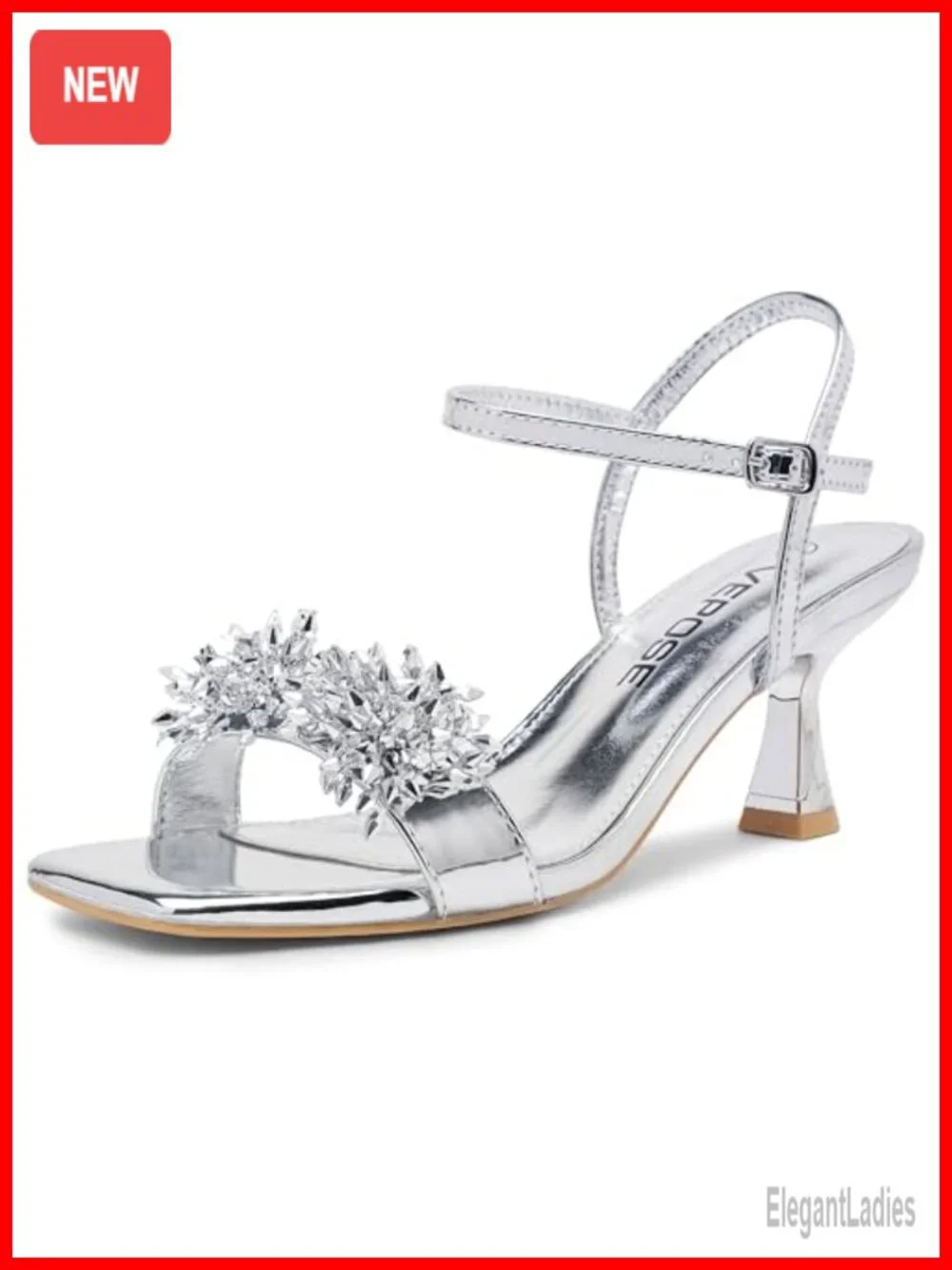 Rhinestone Kitten Heel Sandals Square Toe Ankle Strap 2.8in Heel