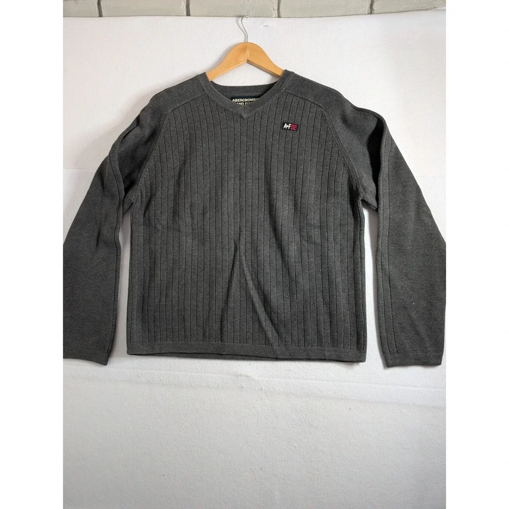 Vtg Abercrombie & Fitch Mens XL Gray Ribbed V-Neck Sweater 92 Logo Cotton Blend