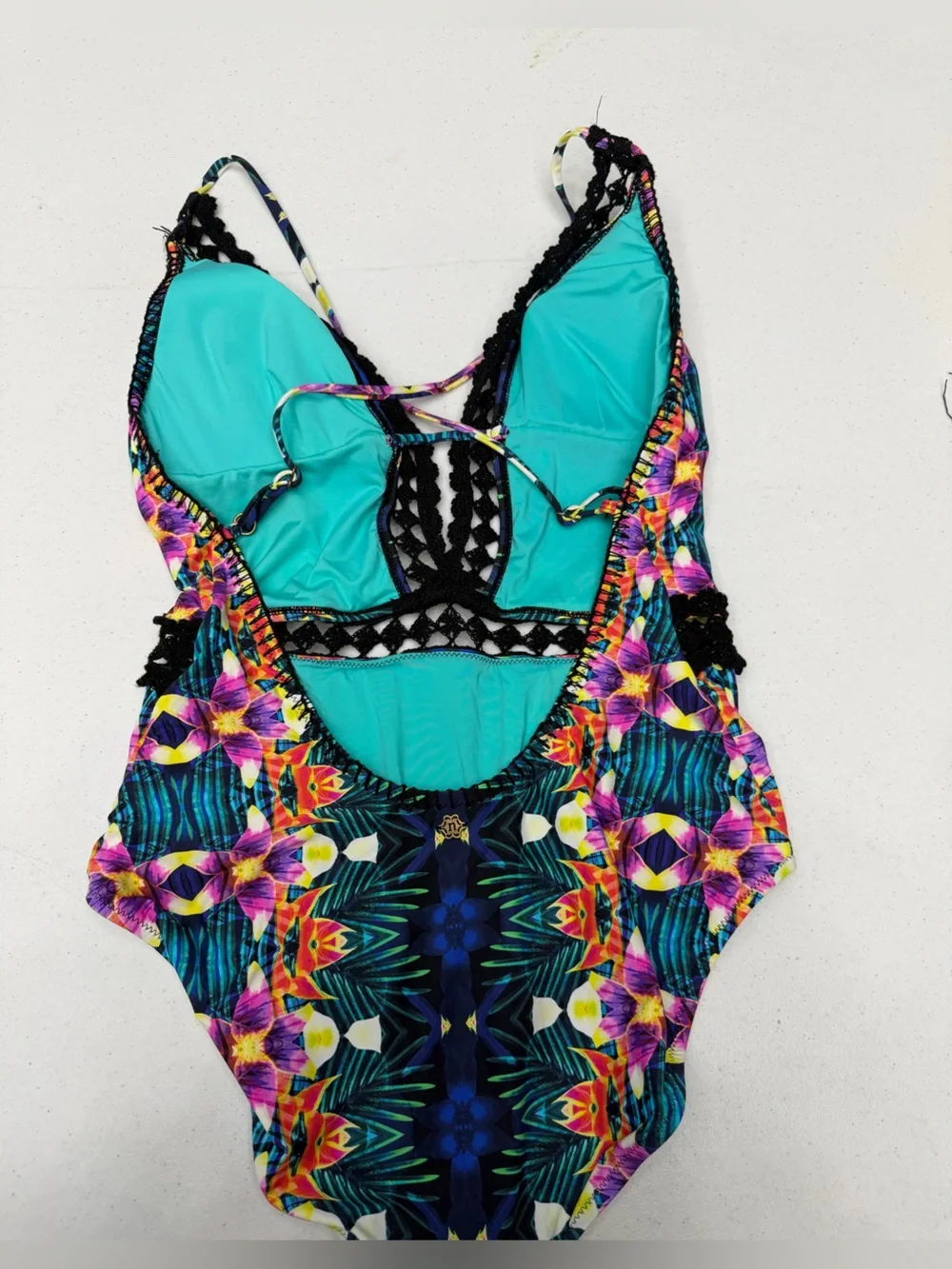 Nanette Lepore Habanera Goddess Deep V One Piece Swimsuit Crochet Size L