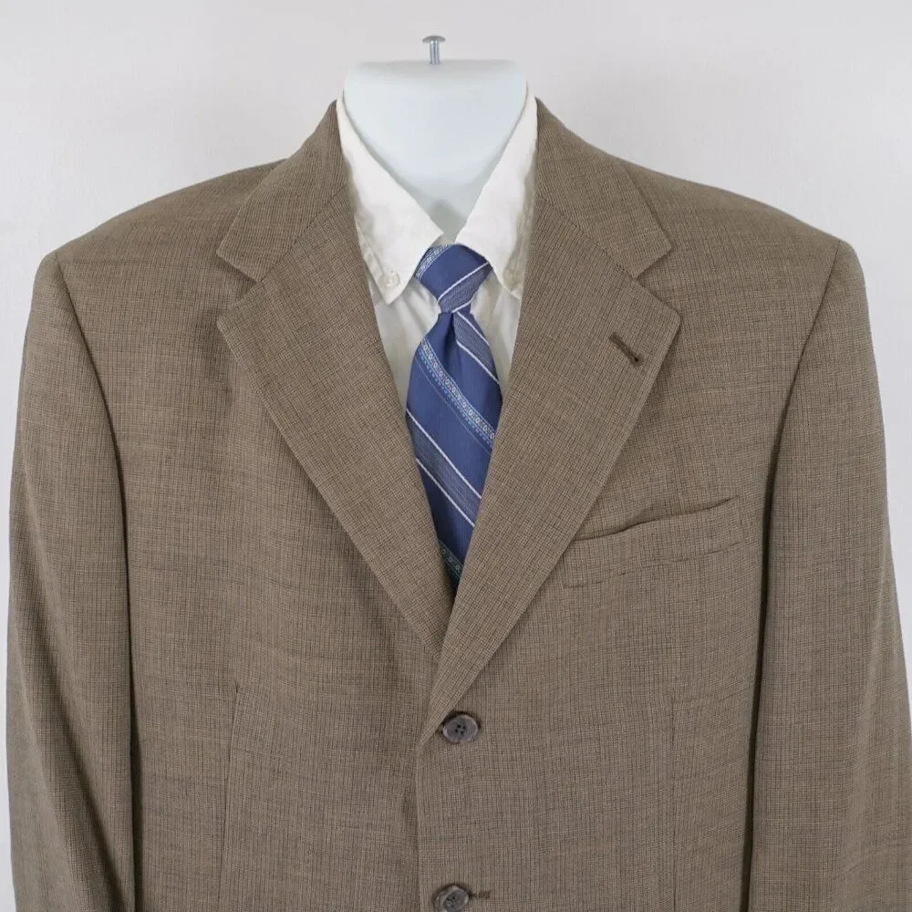 Austin Reed Woven Wool Beige‎ Tan Check 3 Button Blazer / Sport Coat 40R