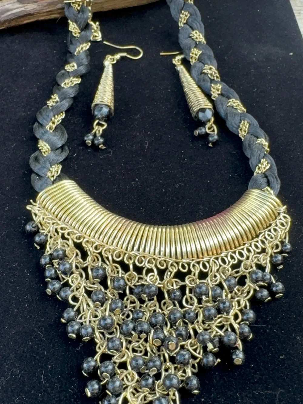 Gold tone and Black Braided Statement Necklace and Earrings Set