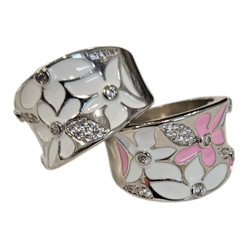 NEW Enamel Flower Ring | Cubic Zirconia - Pink Or White | Size 7 or 8