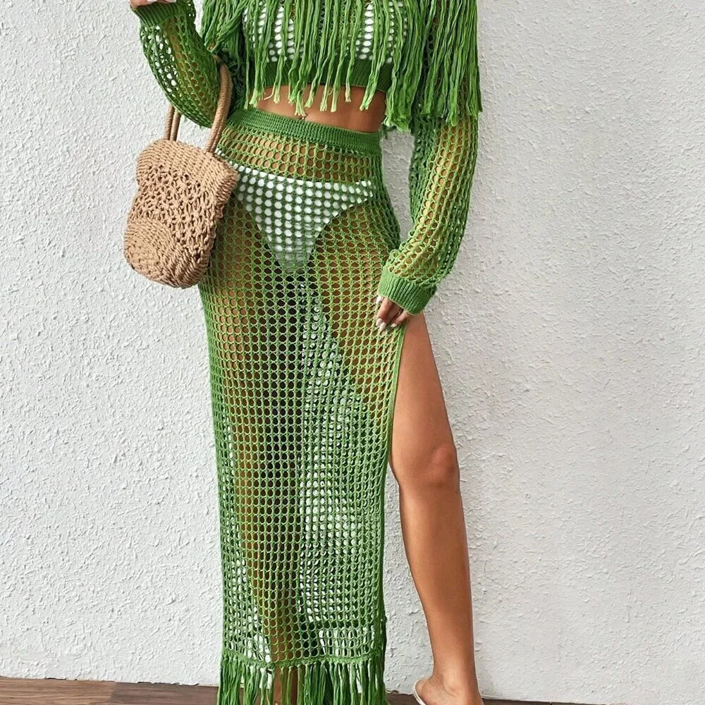 Green Sexy Women's Crochet Hollow Fringe Hem Cover Up Tops