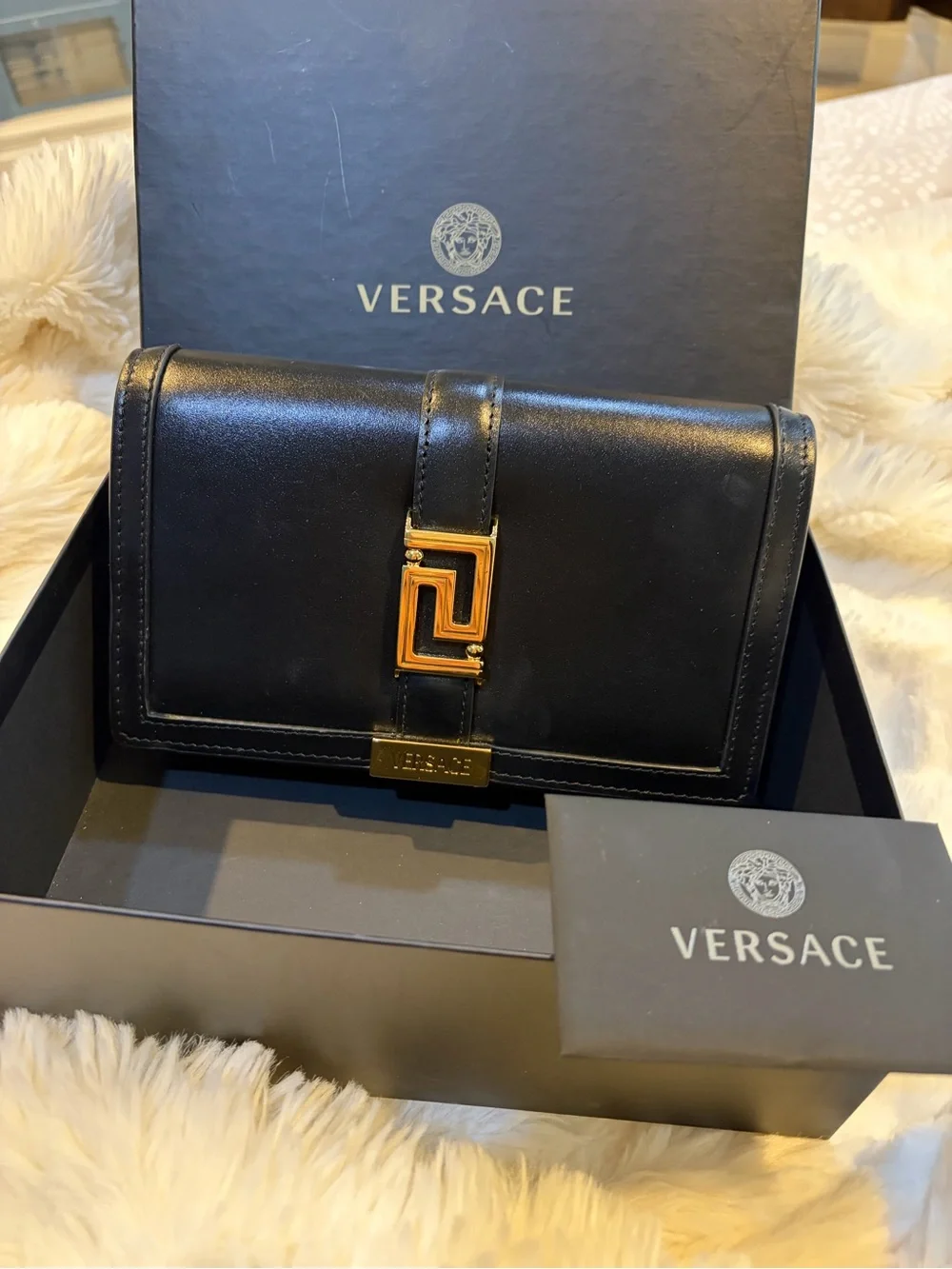 Versace Greca Goddess Black Leather Clutch with Gold Greek-Key Accent