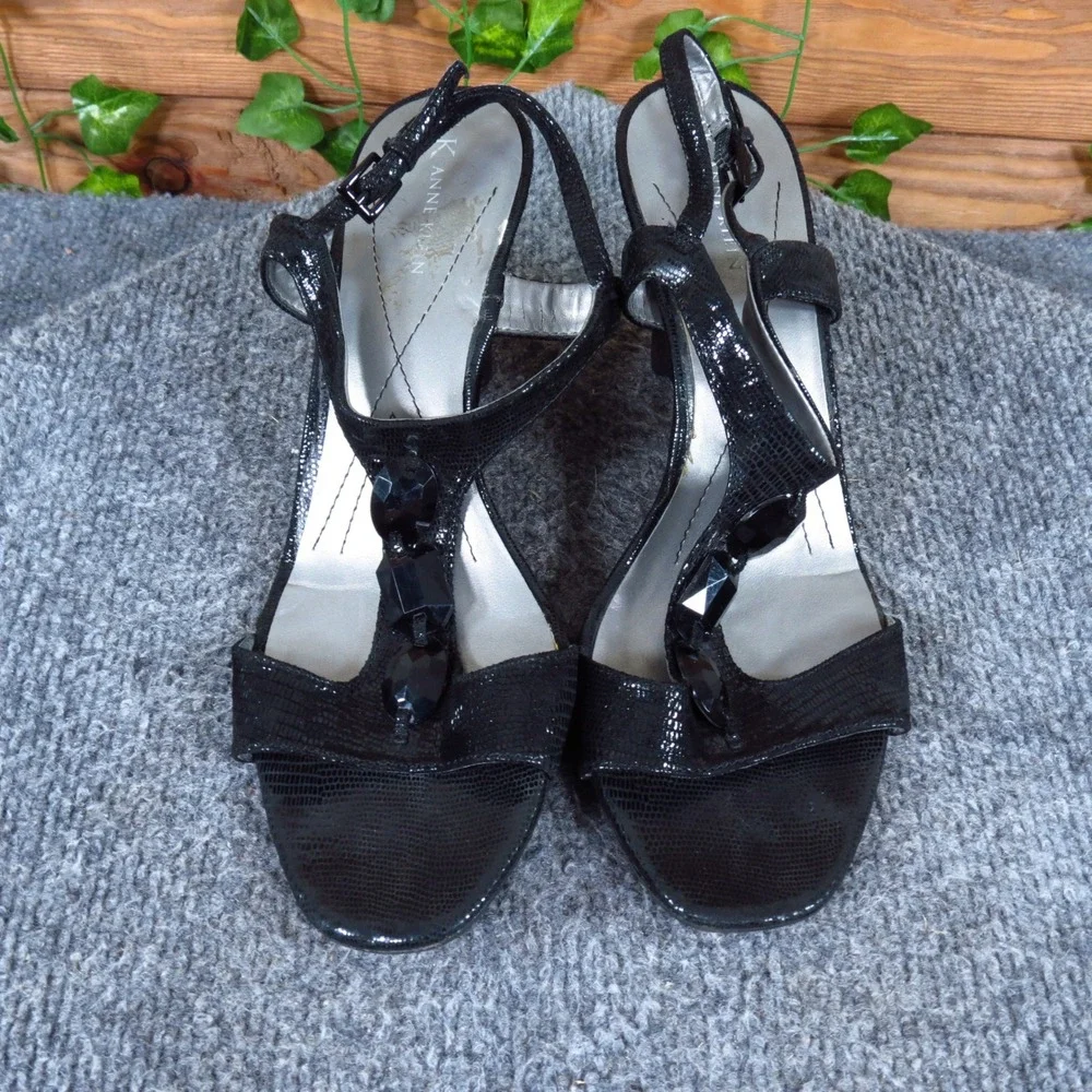 Anne Klein MakerRionTJ Womens T-Strap Wedge Sandals Size 8M Dressy Black Leather
