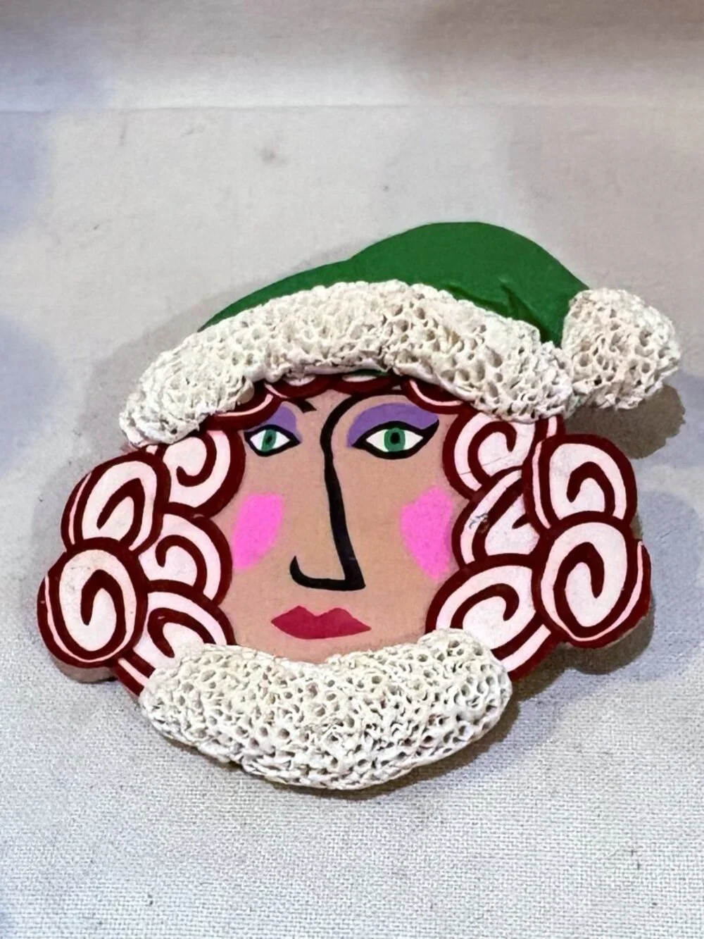 Hand Made Hand Painted Christmas Holiday Pin Brooch Lady in Christmas Hat