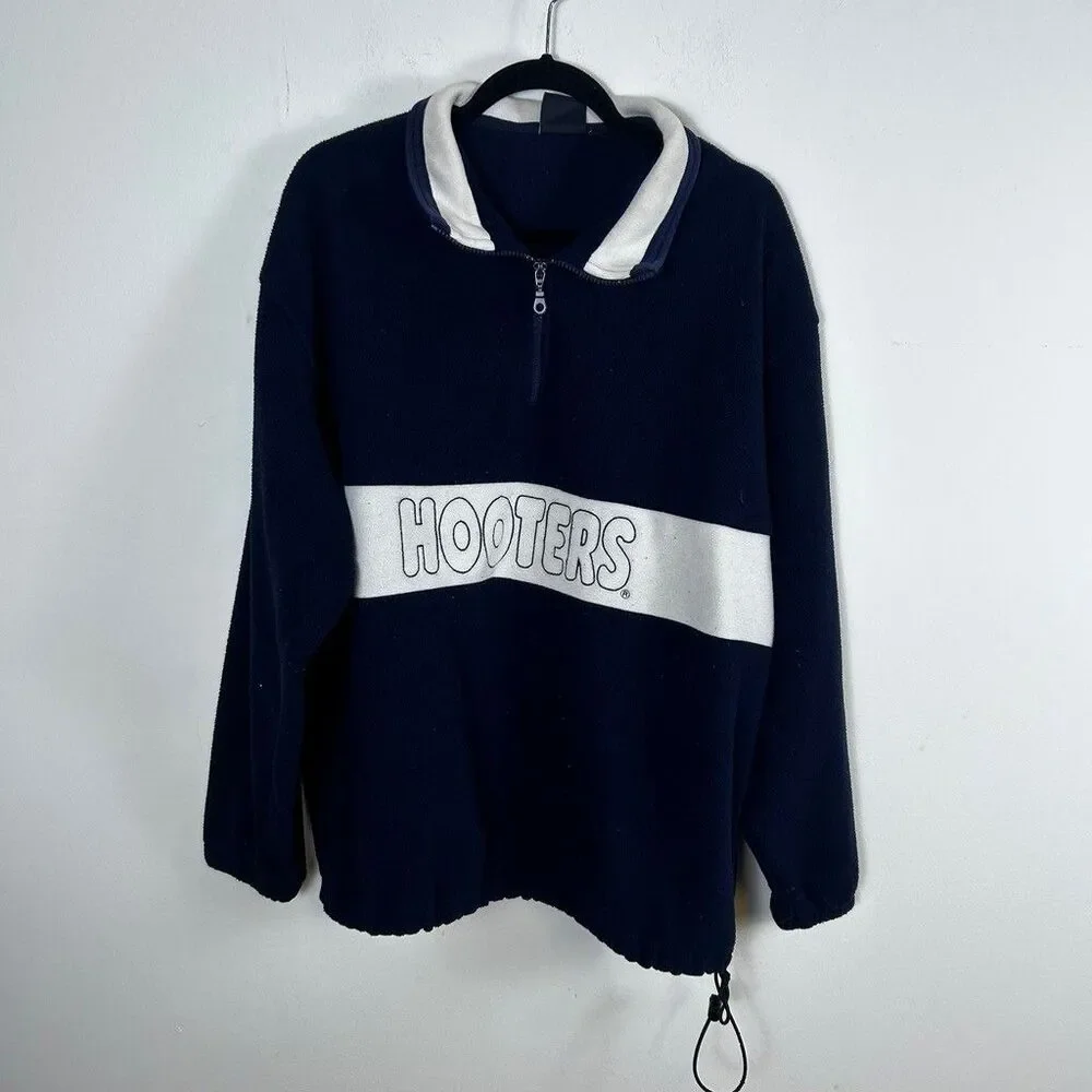 Vintage Hooters Akwa Fleece Pullover Mens XL Navy Blue 1/4 Zip Made in USA