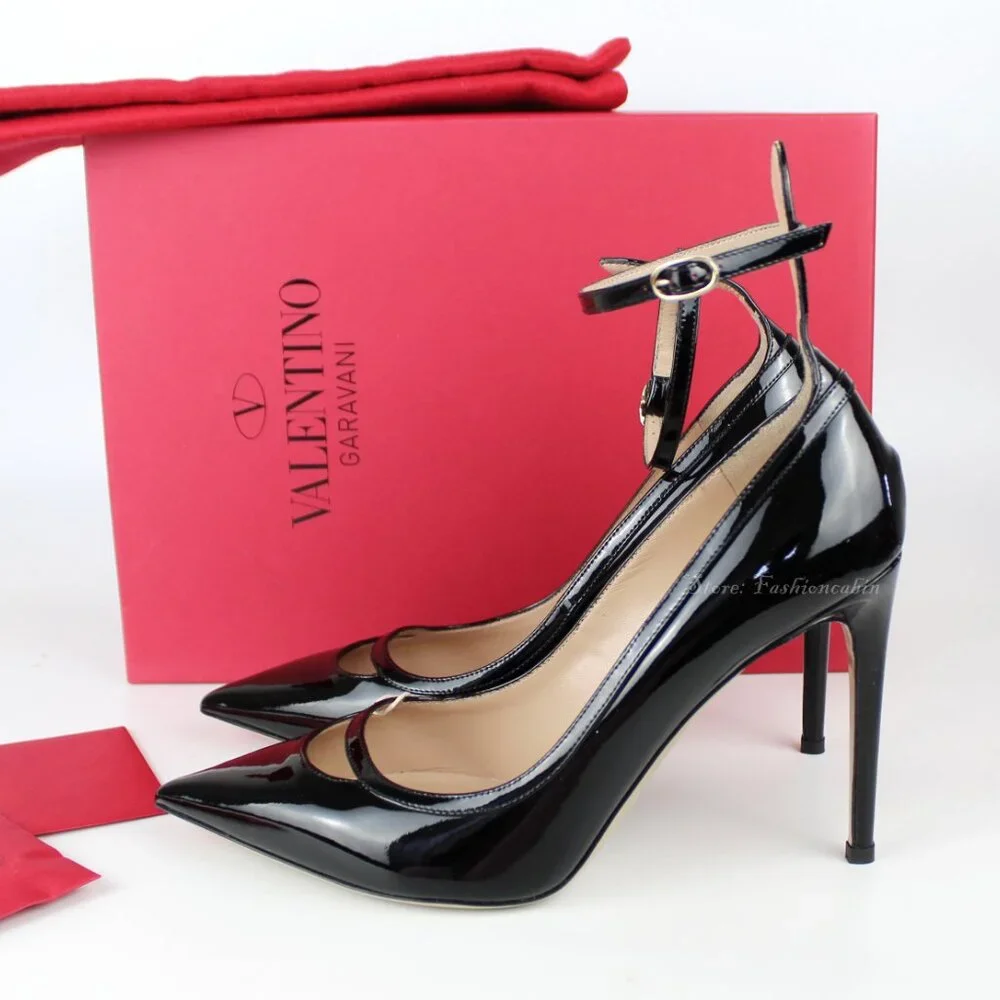 NEW Valentino Garavani Patent Leather Ankle Strap Stiletto Pumps Black EU 41