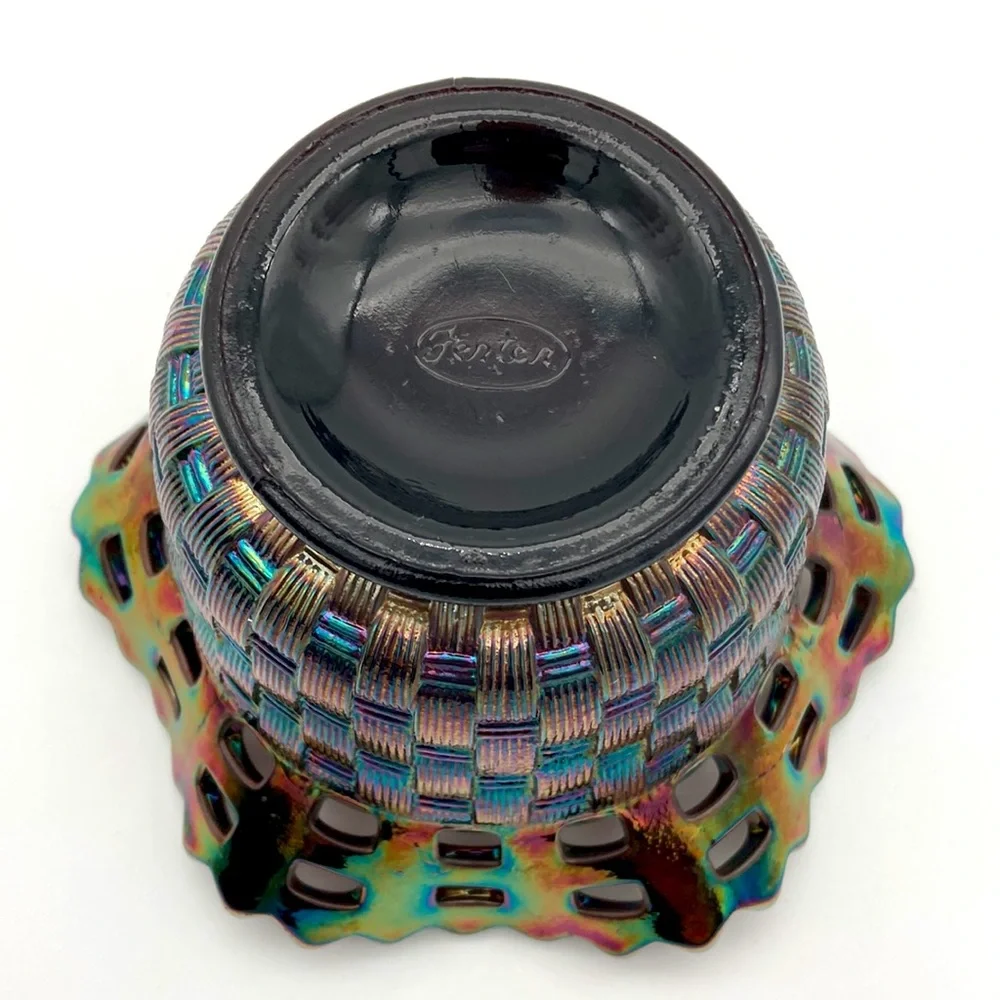 Vintage Fenton Iridescent Basket Weave Bowl