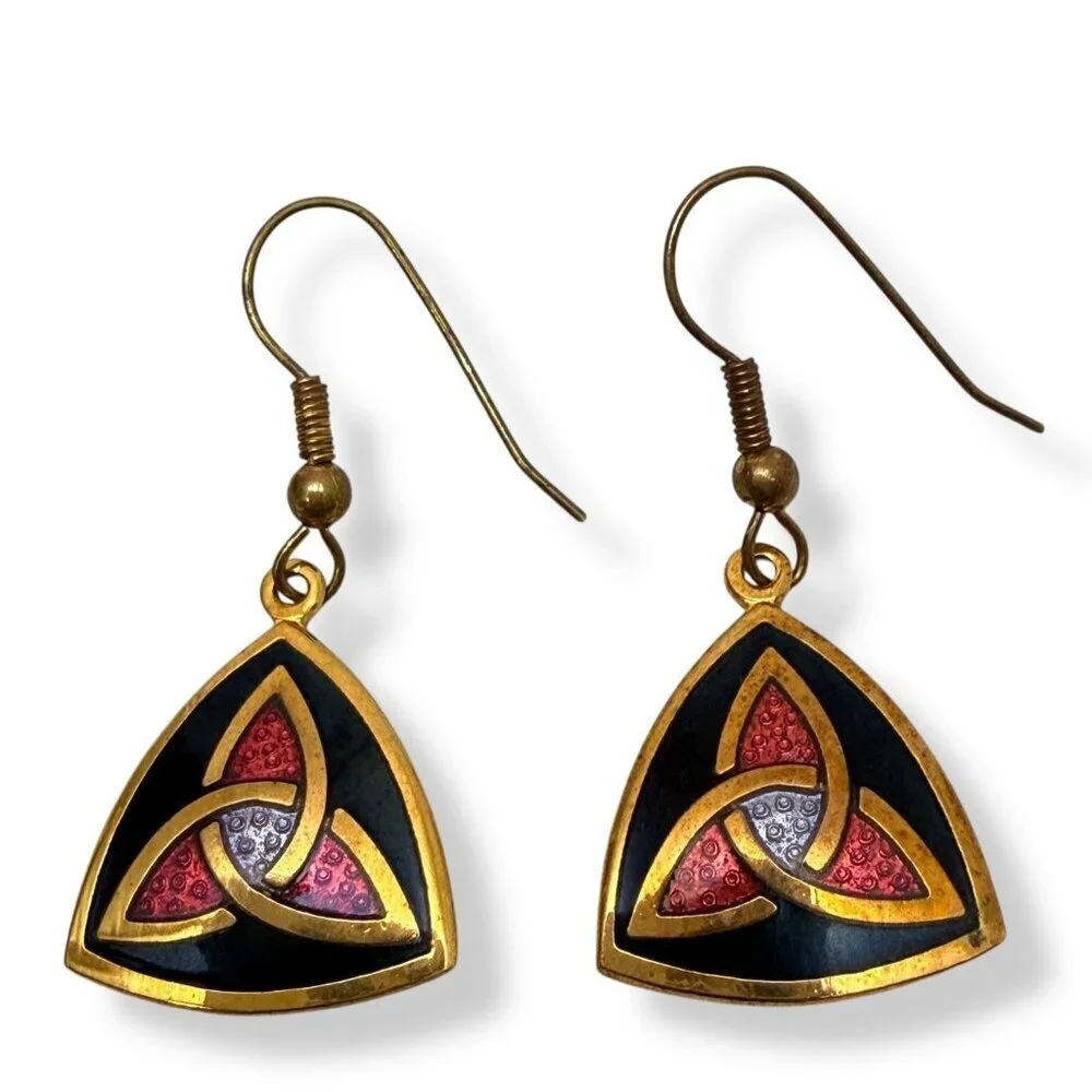 Celtic Enamel Earrings by Sea Gems Pierced Dangle Triangle Goldtone