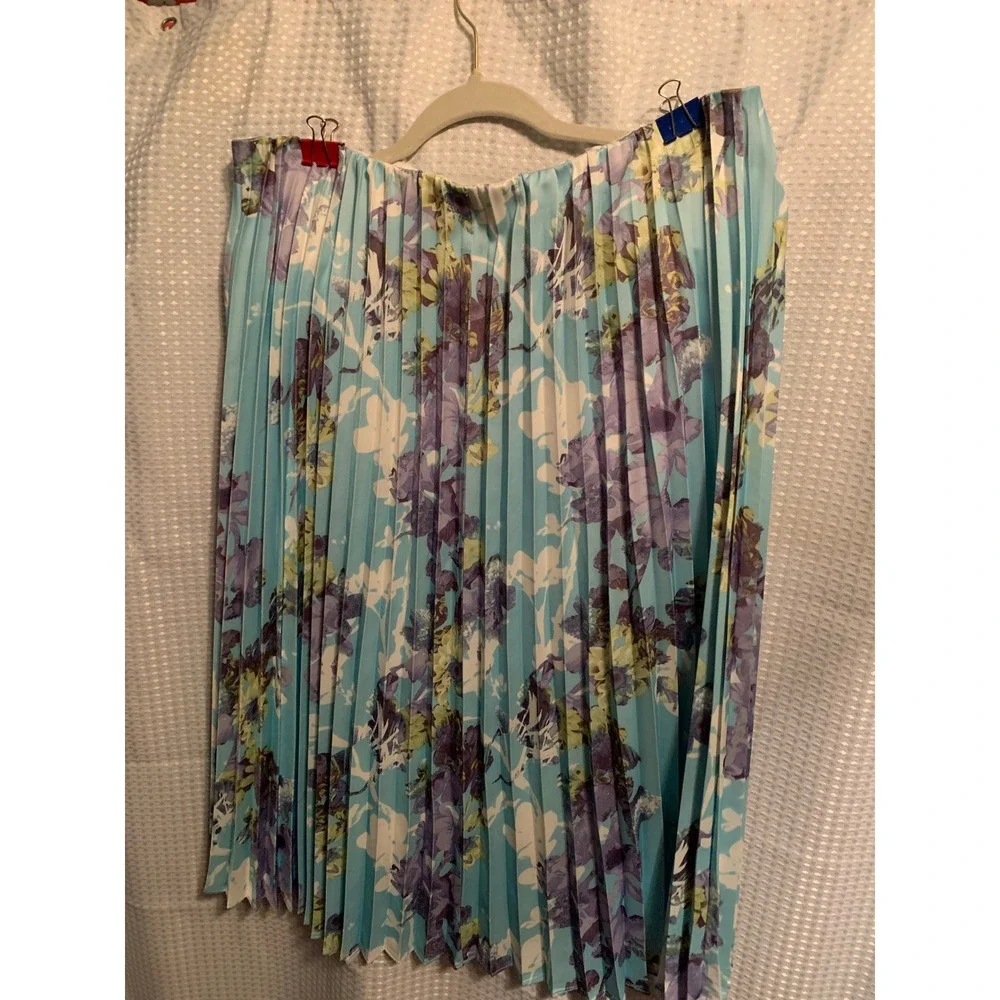 Worthington Womens Blue Purple Floral Pleated Midi Skirt Large Elastic‎ Waist