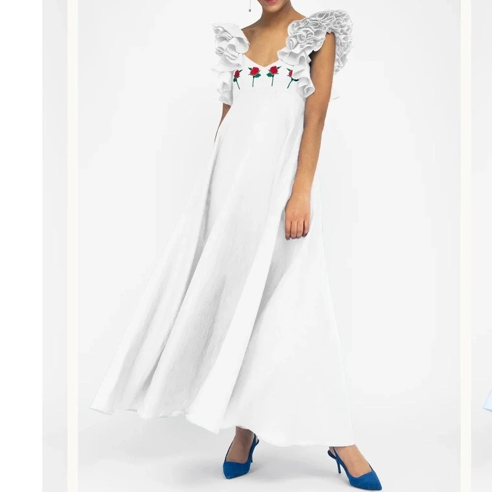 FANM MON‎ White Demre Maxi Dress embroidered roses Size Small