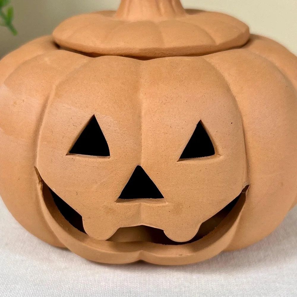 Small Vintage Terracotta Unglazed Pumpkin Jack-O-Lantern