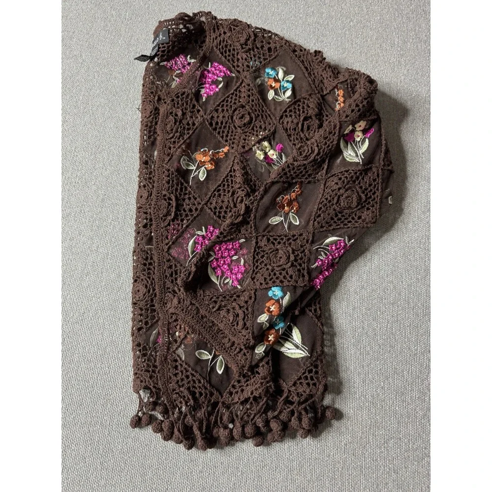 Bozaglo Women's Brown Crochet Open Front Sweater With Pink Floral Size Medium