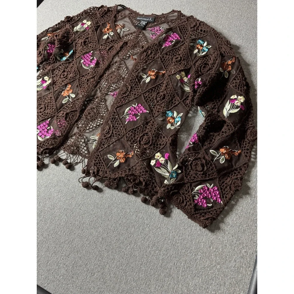 Bozaglo Women's Brown Crochet Open Front Sweater With Pink Floral Size Medium