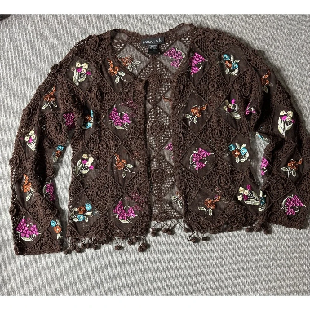 Bozaglo Women's Brown Crochet Open Front Sweater With Pink Floral Size Medium