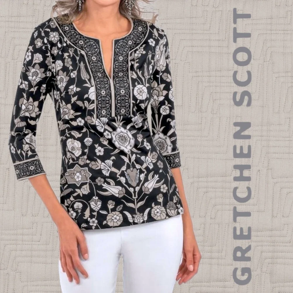Gretchen Scott‎ Womens Topkapi Floral Damask Split Neck Tunic Top Black & Tan S