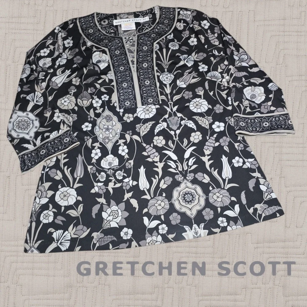 Gretchen Scott‎ Womens Topkapi Floral Damask Split Neck Tunic Top Black & Tan S