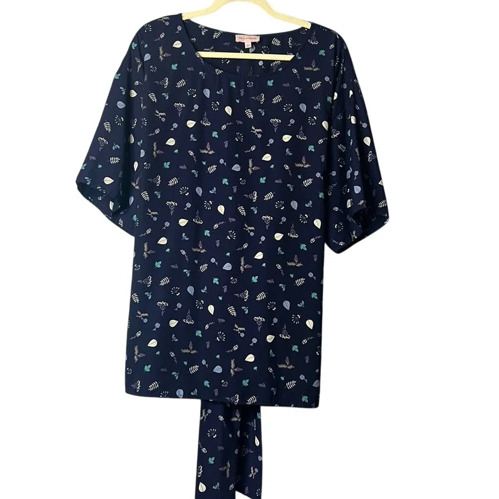 Molly &‎ Isadora Navy Floral Short Sleeve Tie Back Blouse 2XL TB36551-D8 Womens