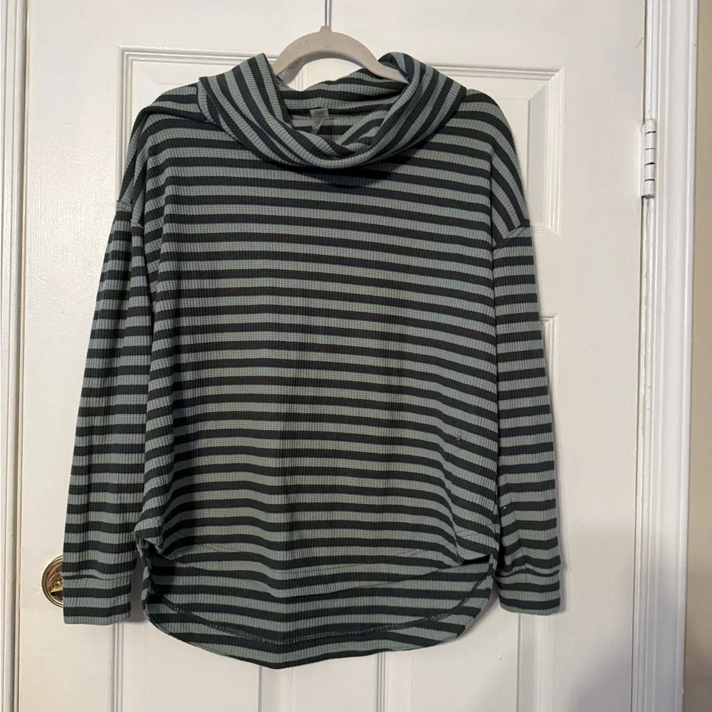 Lou & Grey Striped Cowl Neck Sweater in Sage and Charcoal