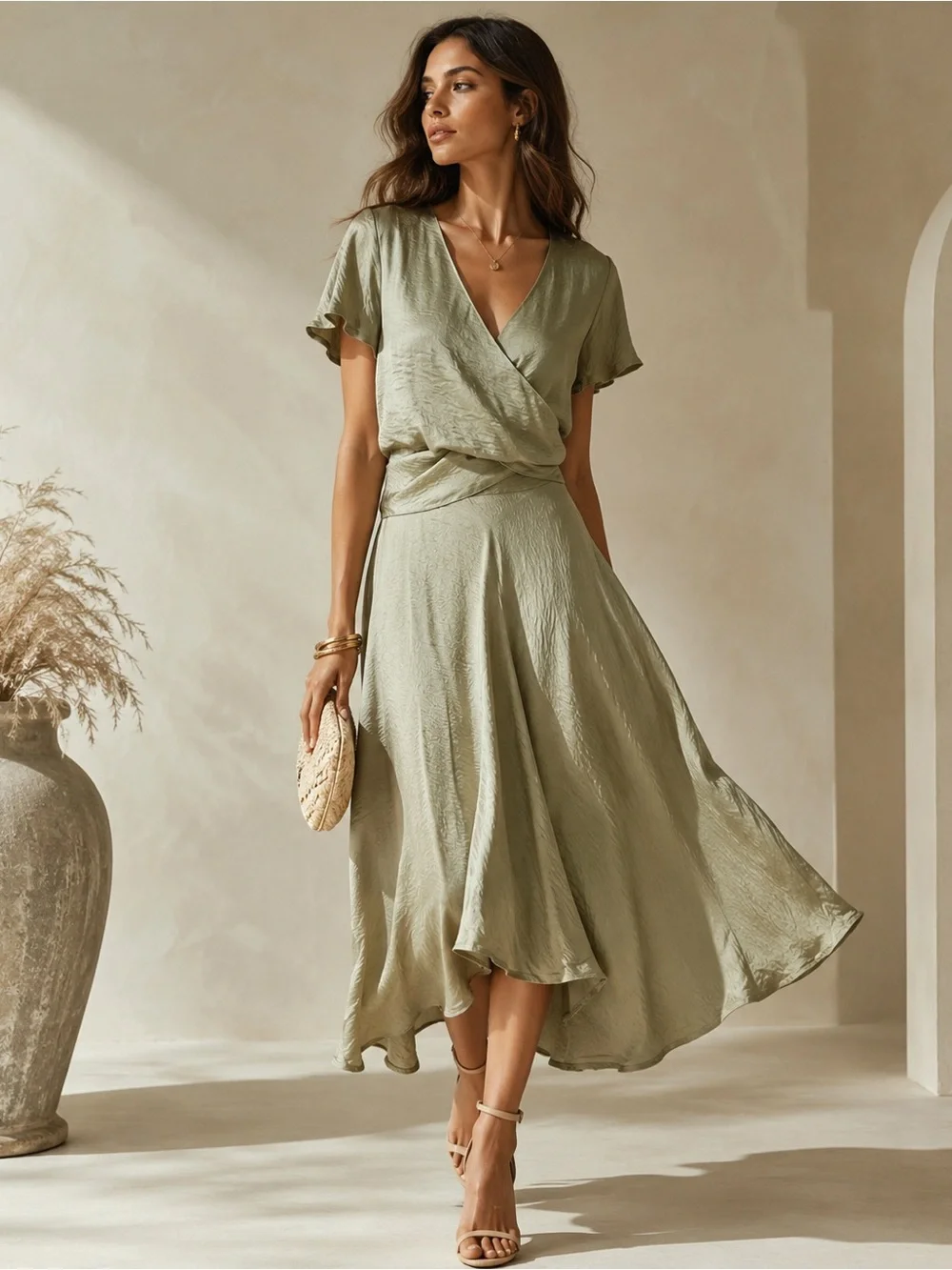 Satin‎ Wrap Midi Dress in Sage Green