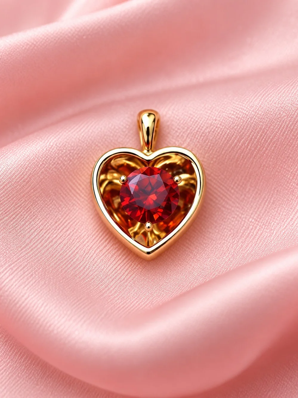 14k. Laminated Gold Heart Pendant Necklace with Red Gemstone