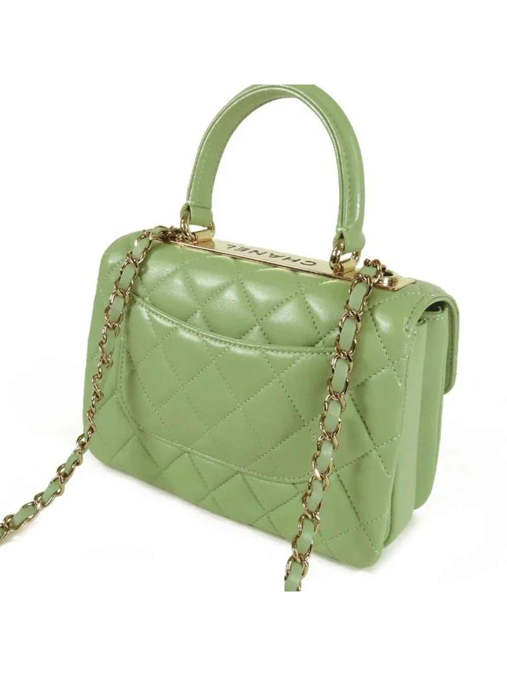 Chanel Top Handle Flap Bag Sage Green Gold Leather 2-Way