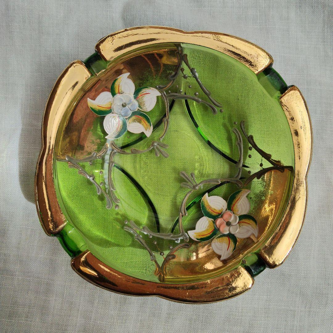 Murano Glass Ashtray - Green with Floral Pattern and Gold Rim